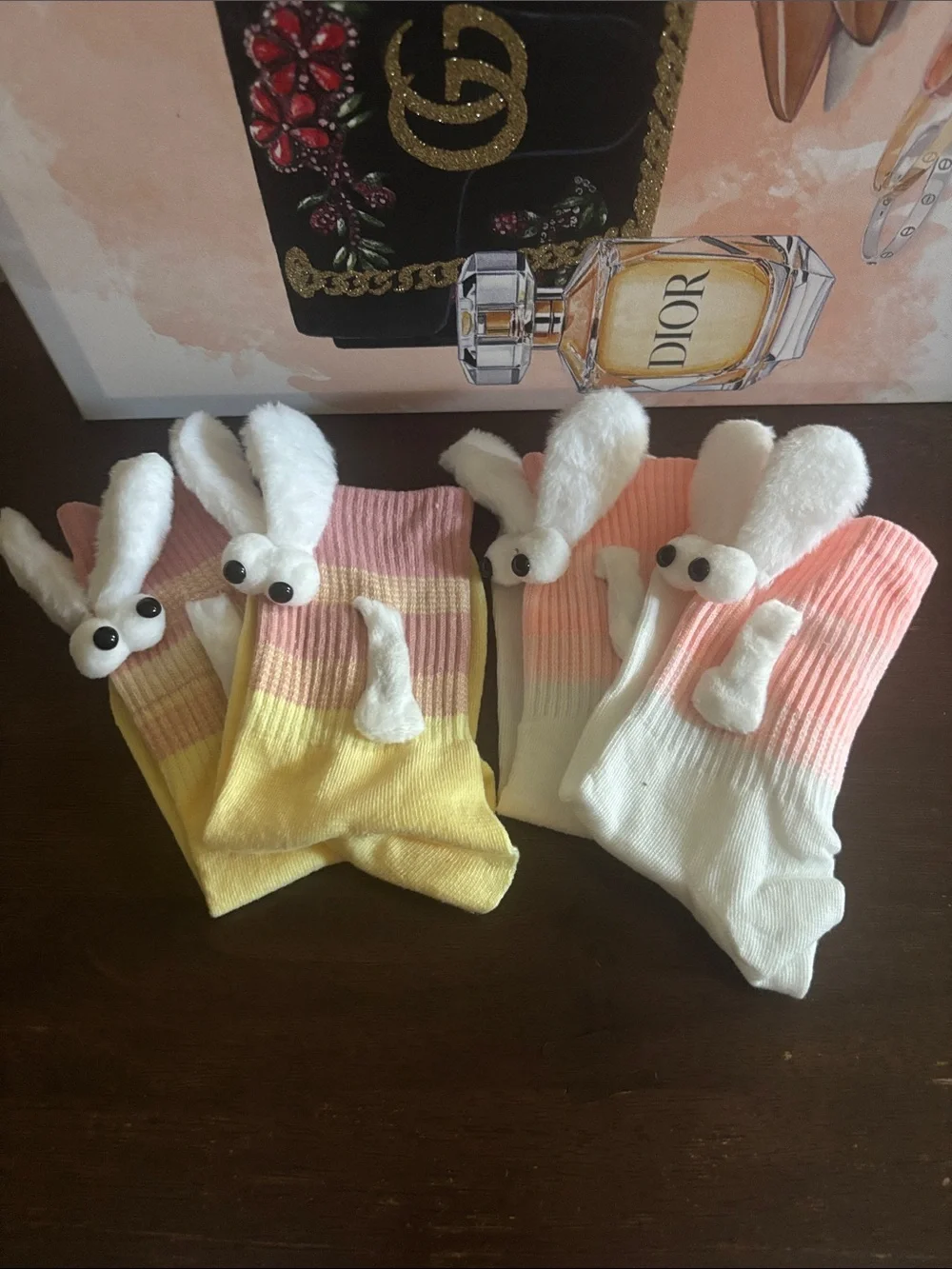 Cute Bunny Accent Crew Socks - Yellow & Pink Pair
